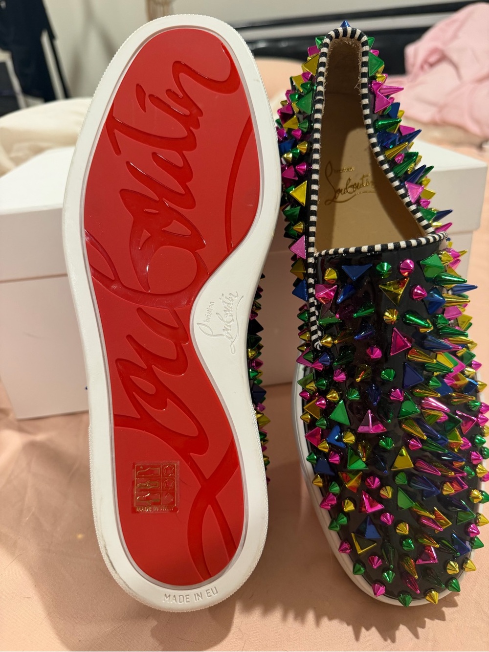Christian Louboutin Multicolor Spike-Embellished Black Patent Slip-On Loafers